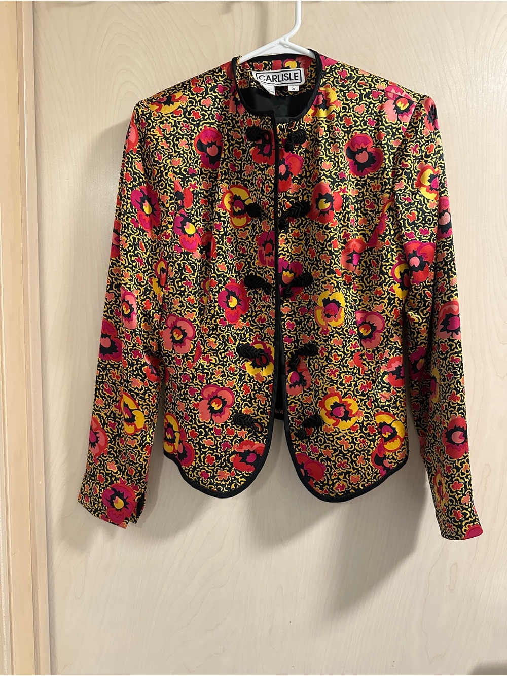 VTG Carlisle 100% Silk Floral Blazer Jacket Size 4 Frog Closure Maximalist 90s